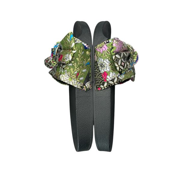 Steve Madden Silky Metallic Multi Color Oriental Pattern Bow Slides Sandals Sz 8 - Picture 5 of 8